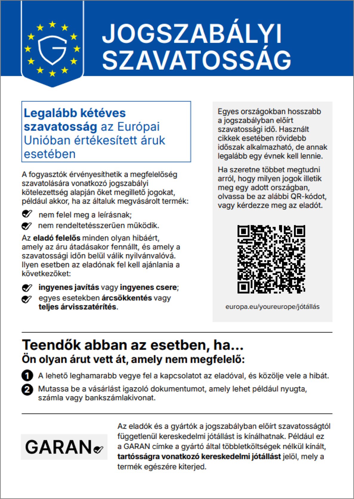 Harmonizált értesítés a megfelelőség szavatolására vonatkozó jogszabályi kötelezettségről – Jogszabályi szavatosság (az (EU) 2025/1960 bizottsági végrehajtási rendelet I. melléklete)